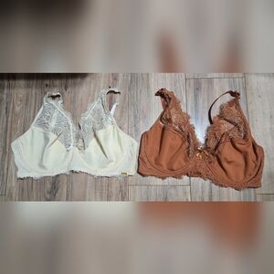 Rachel Bras 1 Cream and 1 Brown Lace Bralette Set 42 D NWOT